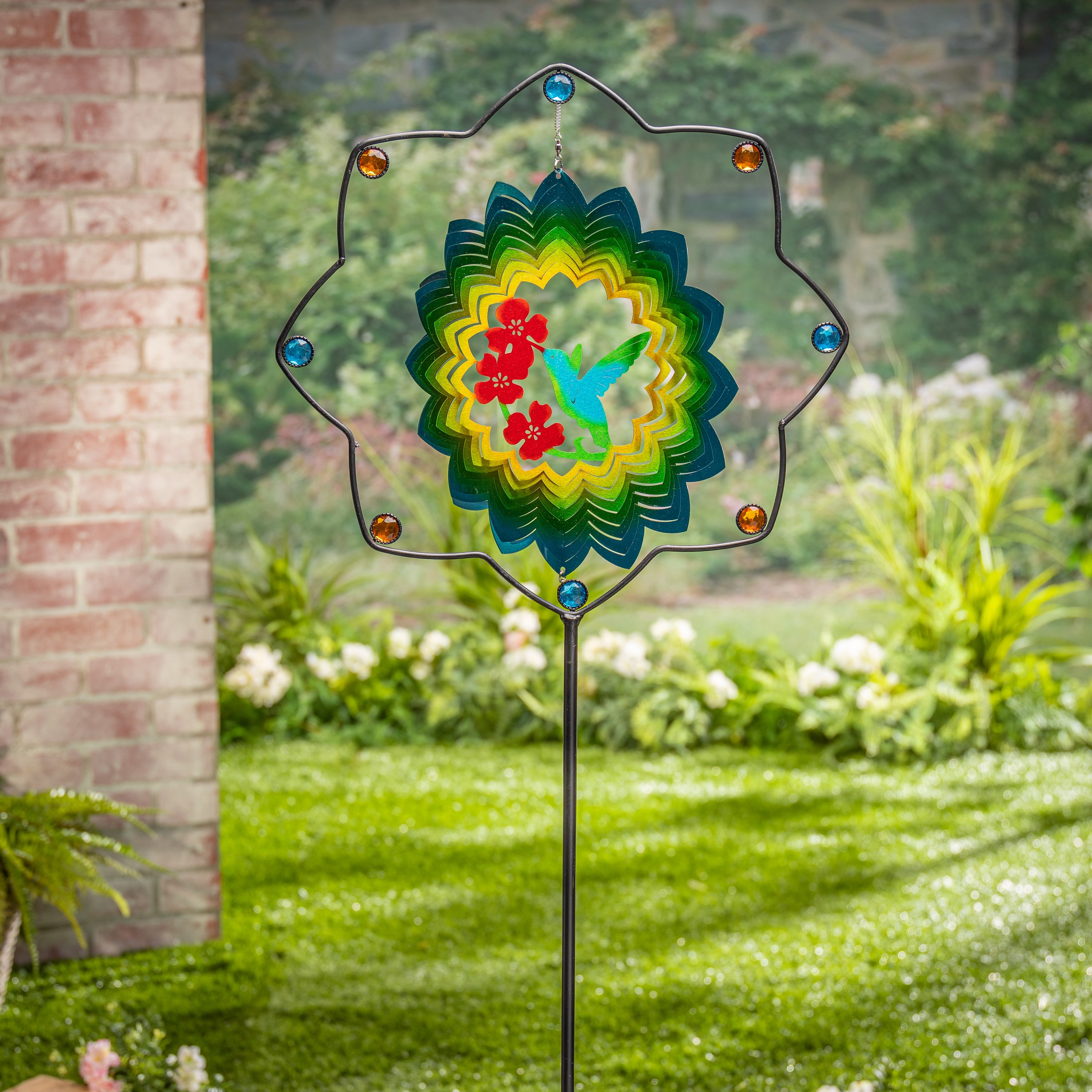 63 Inch Metal and Stainless Steel Bird Spinner Yard Stake with Jewel Accents
